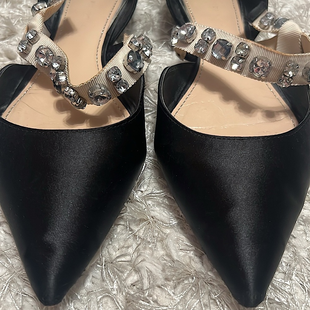 Zara Black Satin Flats W/Crystal Strap - Euro Size 41